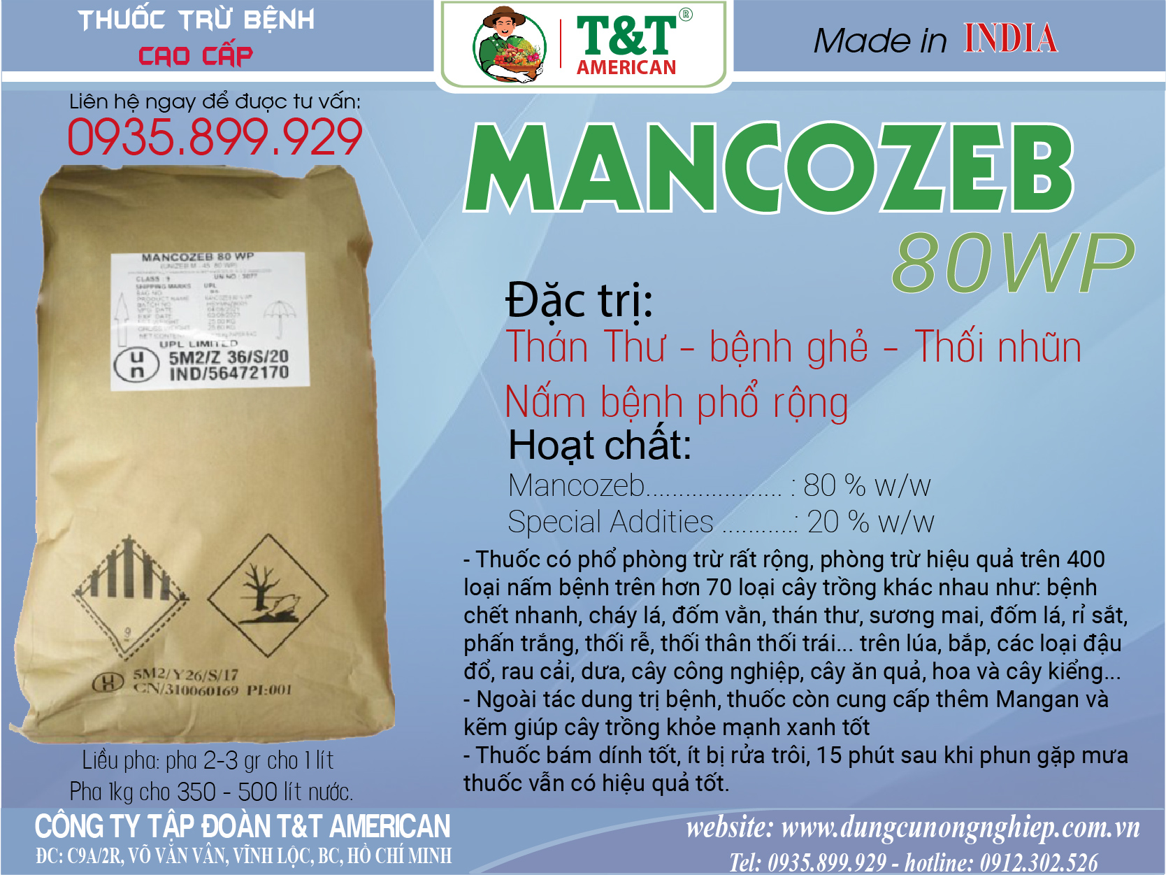 Thuốc trừ bệnh Mancozeb 80WP – xanh (Nguyên liệu 25kg)